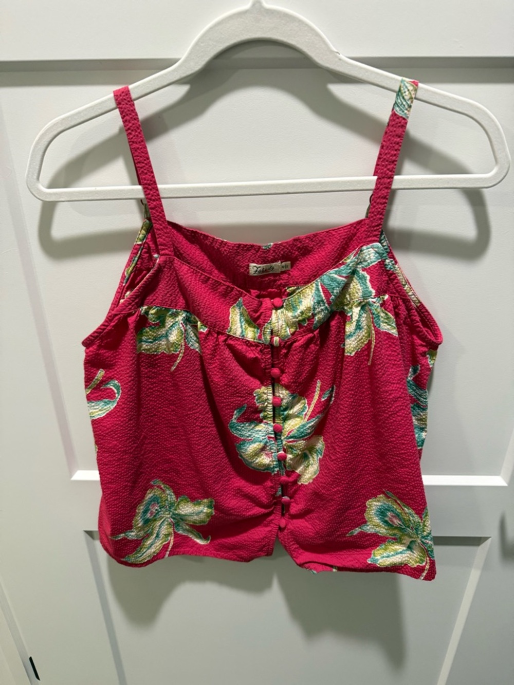 Faherty Pink Floral Crop Top | Button Front Ruffle Cami | Organic Cotton Modal M